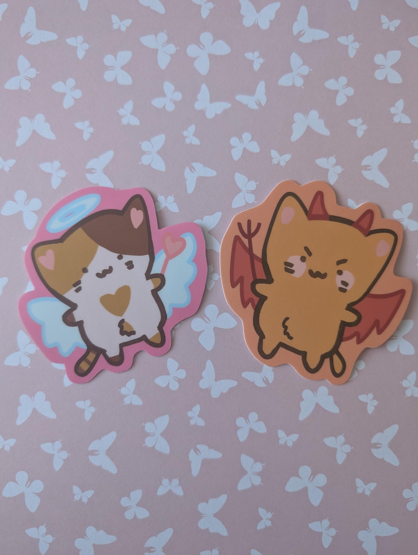 Angel and Devil Cat Stickers & Keychain