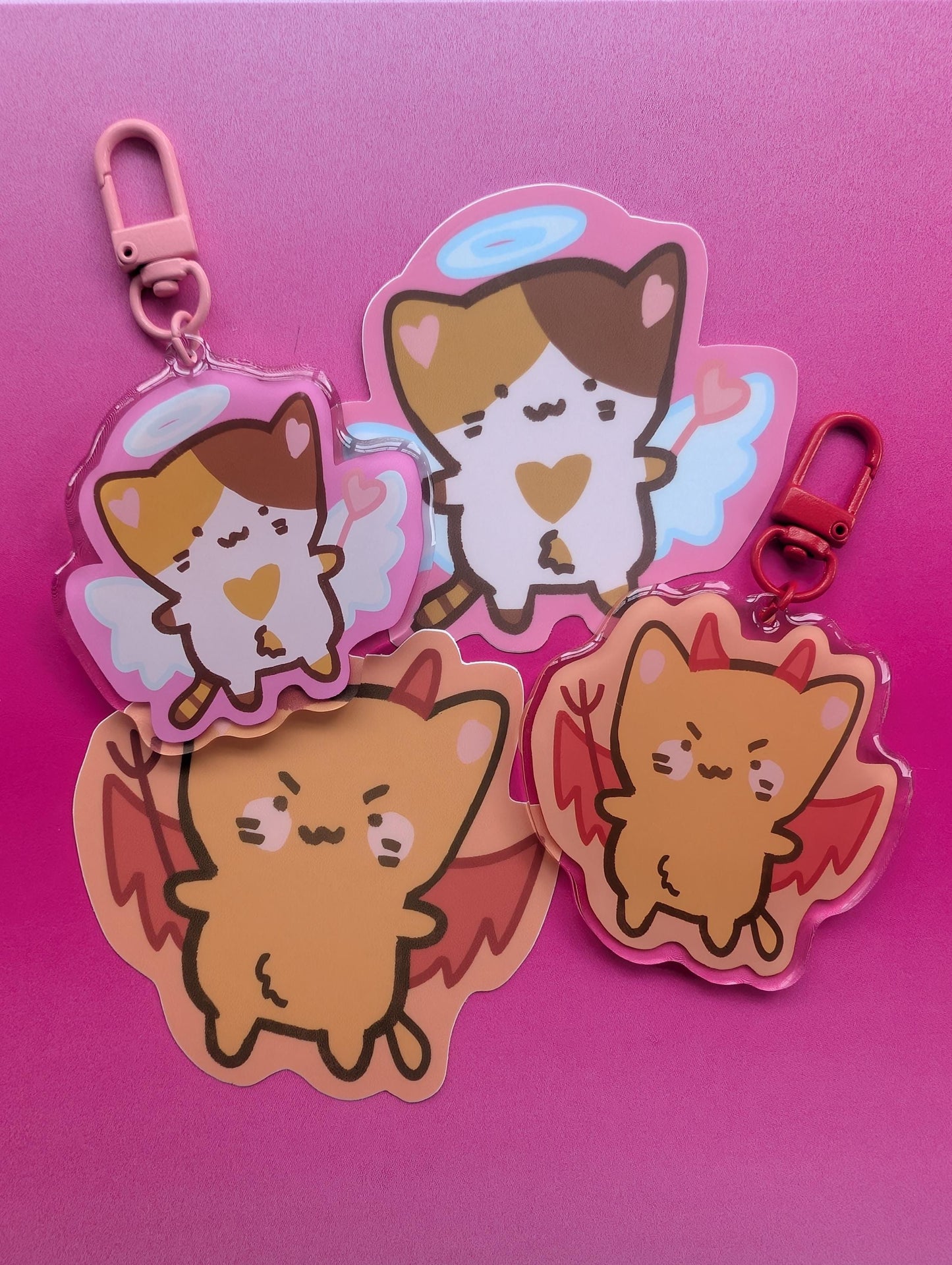 Angel and Devil Cat Stickers & Keychain