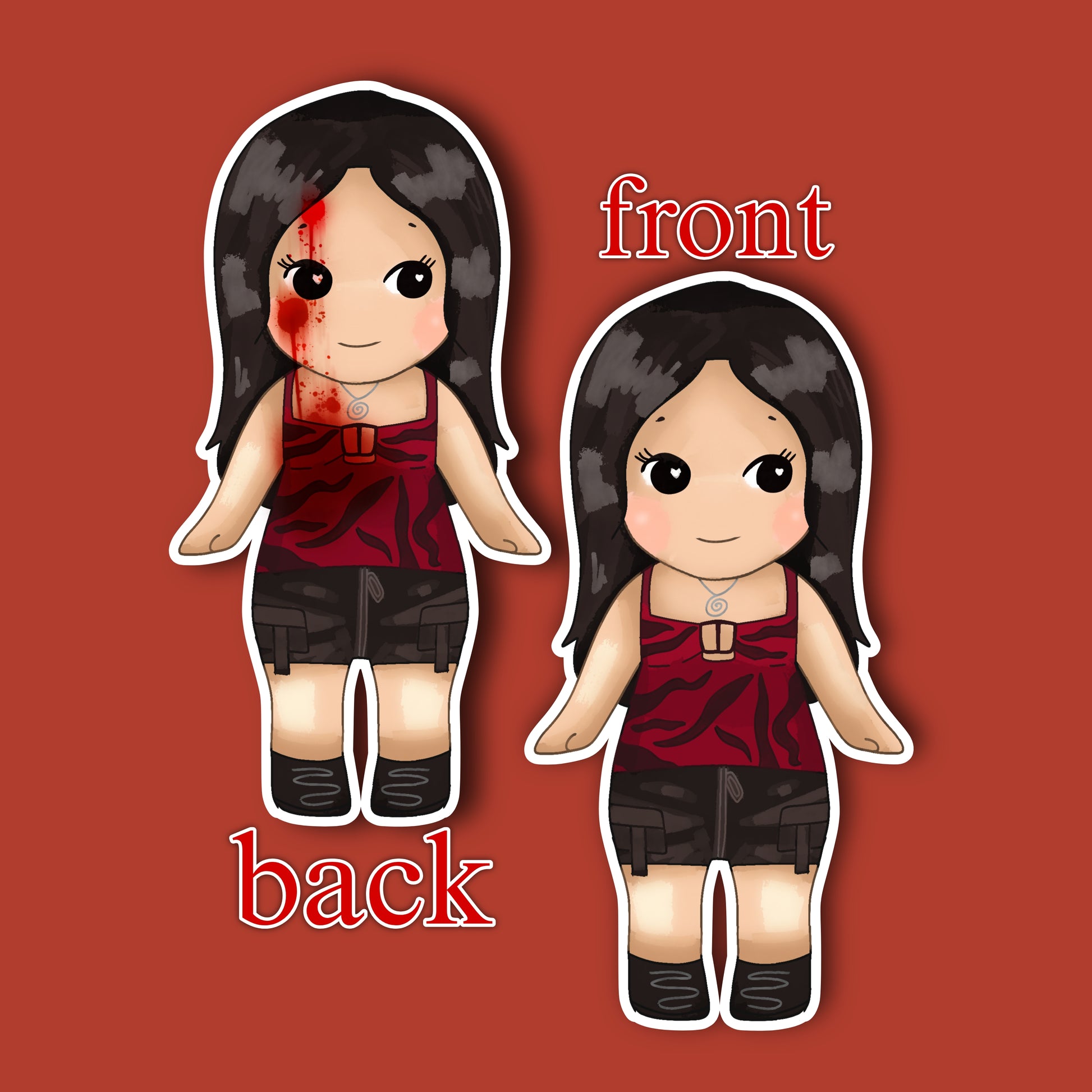 Nikki freeman keychain sonny angel. Two stylized doll figures shown on a solid red background, labeled front and back. The figures have long black hair, large eyes, and wear a dark red tank top and black shorts, with one figure featuring a red streak on the cheek.