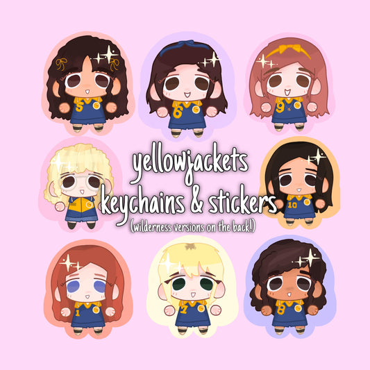 A promotional graphic showing nine cartoon-style keychain charms arranged in a grid on a light pink background, with the text 'yellowjackets keychains & stickers (wilderness versions on the back!)' in the center.