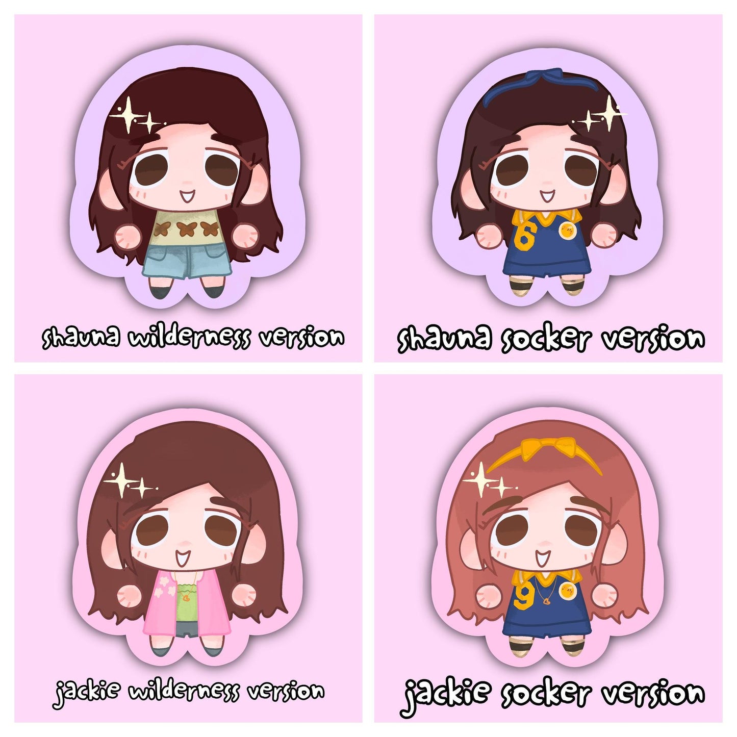 Four chibi character stickers arranged in a 2x2 grid on a light pink background. The top-left sticker shows a character with dark brown hair labeled 'shauna wilderness version' wearing a green and brown top with blue shorts.